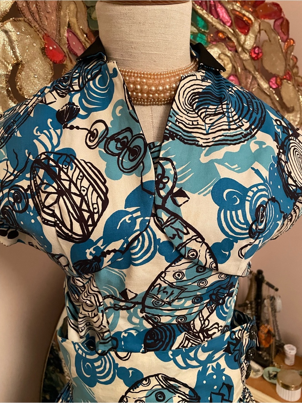 1950s Tiki Halter Circle Skirt Bolero 3pc Set Blue Black Cotton XS - Picture 5 of 15